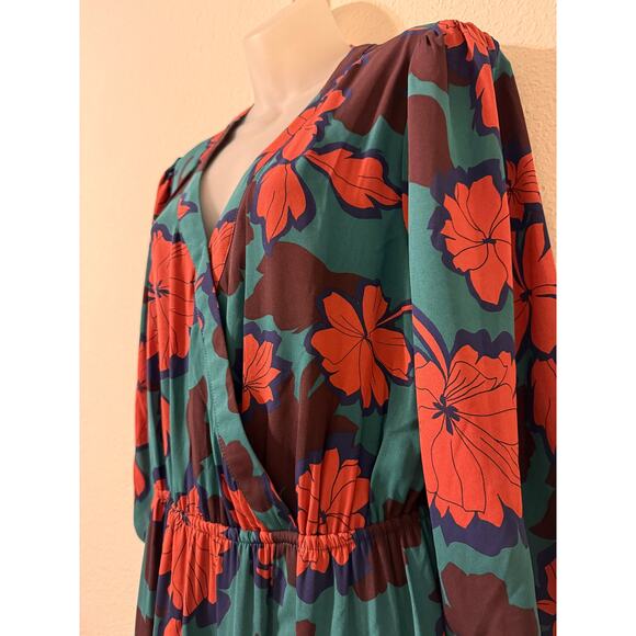 DR2 Dress Size M Surplice Puff‎ Sleeve Faux Wrap Midi Green/Orange Fall Florals - Picture 3 of 8